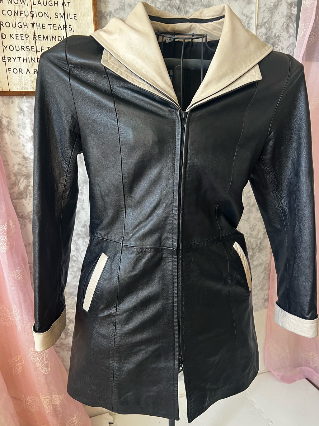 Italian Leather Coat M&R Firenze 3/4 Hooded Vintage Gothic Chic It 42